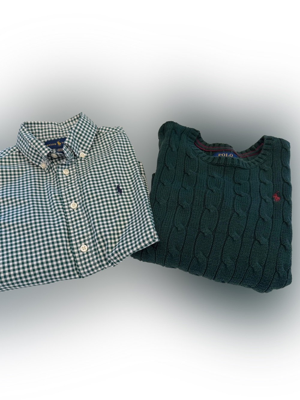 Polo Ralph Lauren Boys 2 PCS Set Green Cable Knit & Checkered Shirt Sz 5